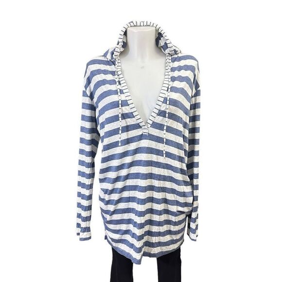 Tommy Bahama Striped Blue Longseeve Deep V Neck Cover Up Beach Hoodie sz M - Picture 1 of 8